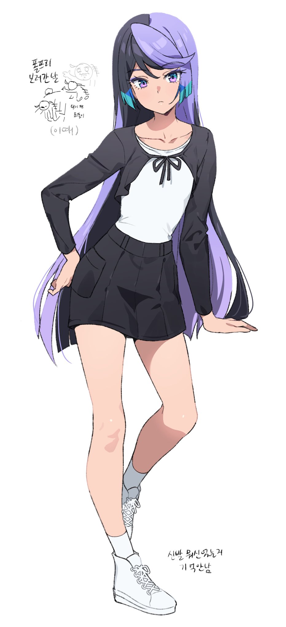 1girl, alternate_costume, black_hair, black_jacket, black_shorts, blue_hair, blunt_ends, carron_(pretty_series), closed_mouth, commentary_request, dolldolldd, doodle_inset, full_body, hand_on_own_hip, highres, jacket, korean_commentary, korean_text, long_hair, long_sleeves, looking_at_viewer, multicolored_hair, pretty_series, purple_hair, shirt, shoes, shorts, simple_background, sneakers, socks, solo, standing, translation_request, violet_eyes, waccha_primagi!, white_background, white_shirt, white_shoes, white_socks