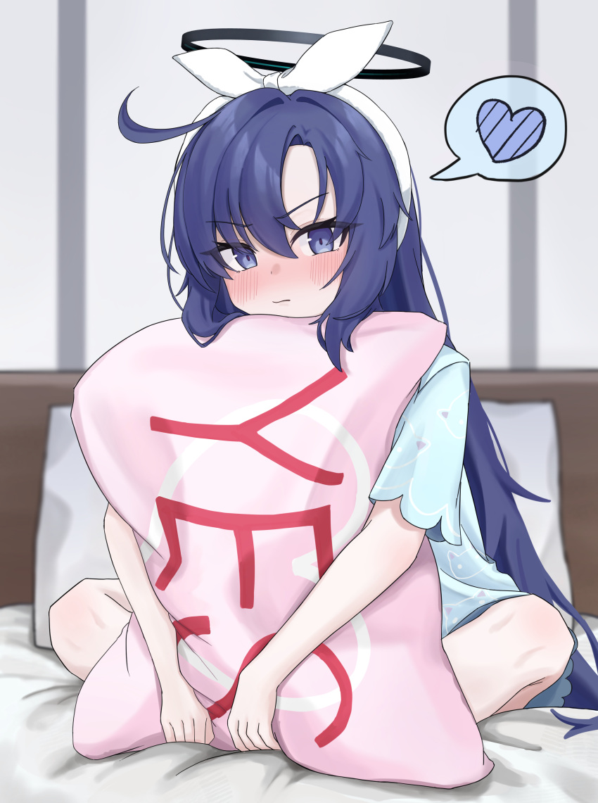 1girl, absurdres, blue_archive, blue_eyes, blue_hair, blue_pajamas, blush, bow