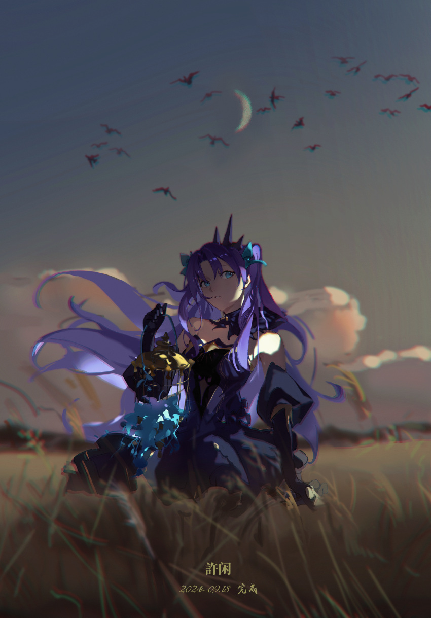 1girl, absurdres, black_dress, crescent_moon, detached_sleeves, dress, ereshkigal_(fate), fate/grand_order