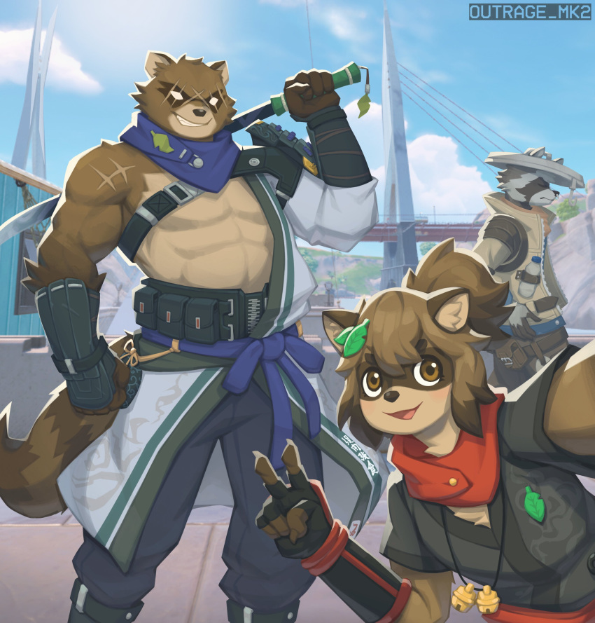 2boys, abs, absurdres, animal_ears, blue_sky, bridge, character_request, closed_mouth