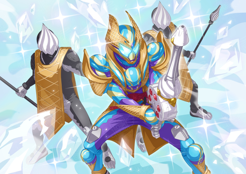 3boys, absurdres, armor, blue_armor, blue_helmet, cape, compound_eyes, food, gavvwhipir, gloves, helmet, henshin_belt_gavv, highres, holding, holding_sword, holding_weapon, ice, ice_cream, ice_cream_cone, kamen_rider, kamen_rider_gavv, kamen_rider_gavv_(blizzardsorbet_form), kamen_rider_gavv_(series), male_focus, multiple_boys, otokamu, polearm, purple_armor, rider_belt, spear, sword, tabard, weapon, whipped_soldier, white_tabard