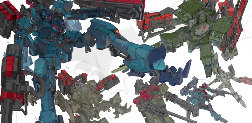 absurdres, aiming, armored_core, armored_core_vi:_fires_of_rubicon, assault_rifle, dual_wielding, extra_eyes, full_body, g1_michigan, g2_nile, g3_wu_huahai, g4_volta, g5_iguazu_(armored_core_vi), g6_red, gatling_gun, glowing, glowing_eye, glowing_eyes, gun, head_bringer_(armored_core_vi), highres, holding, holding_gun, holding_weapon, liger_tail_(armored_core), mecha, mecha_focus, minigun, missile_pod, no_humans, nslacka, rifle, robot, songbird_(armored_core), tetrapod, weapon