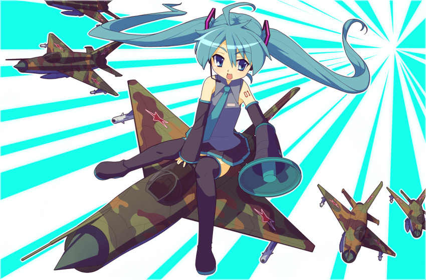 airplane, bad_id, camouflage, hatsune_miku, jet, koi_wa_sensou_(vocaloid), megaphone, mig-21