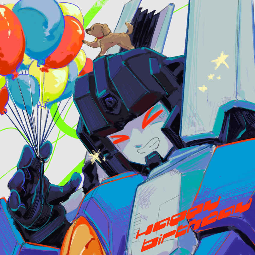 >_<, absurdres, balloon, buster_(dog), decepticon, dog, grey_background, happy_birthday