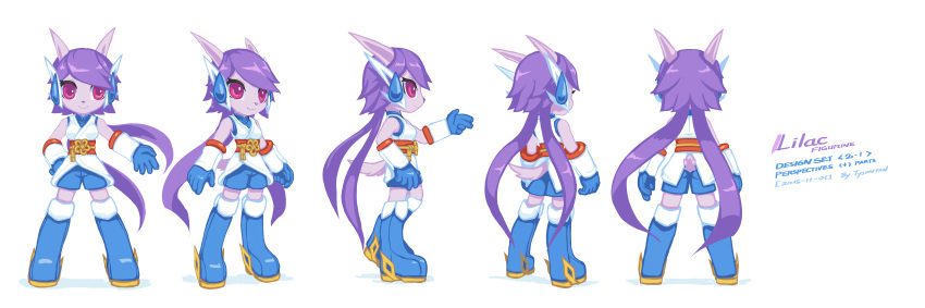 1girl, 2015, absurdres, arm_guards, blue_boots, blue_shirt, blue_shorts, boots