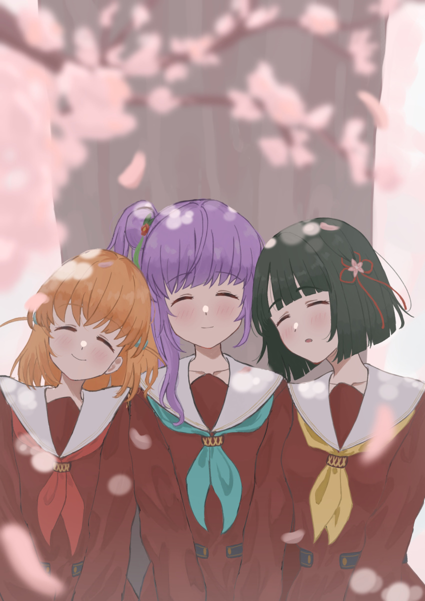 3girls, aqua_neckerchief, black_hair, blunt_bangs, blunt_ends, blush, bob_cut, brown_dress