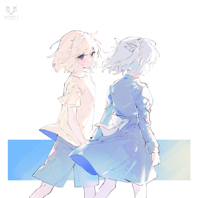2girls, aged_down, arthur_c, bang_dream!, bang_dream!_it's_mygo!!!!!, blonde_hair, blue_dress, commentary