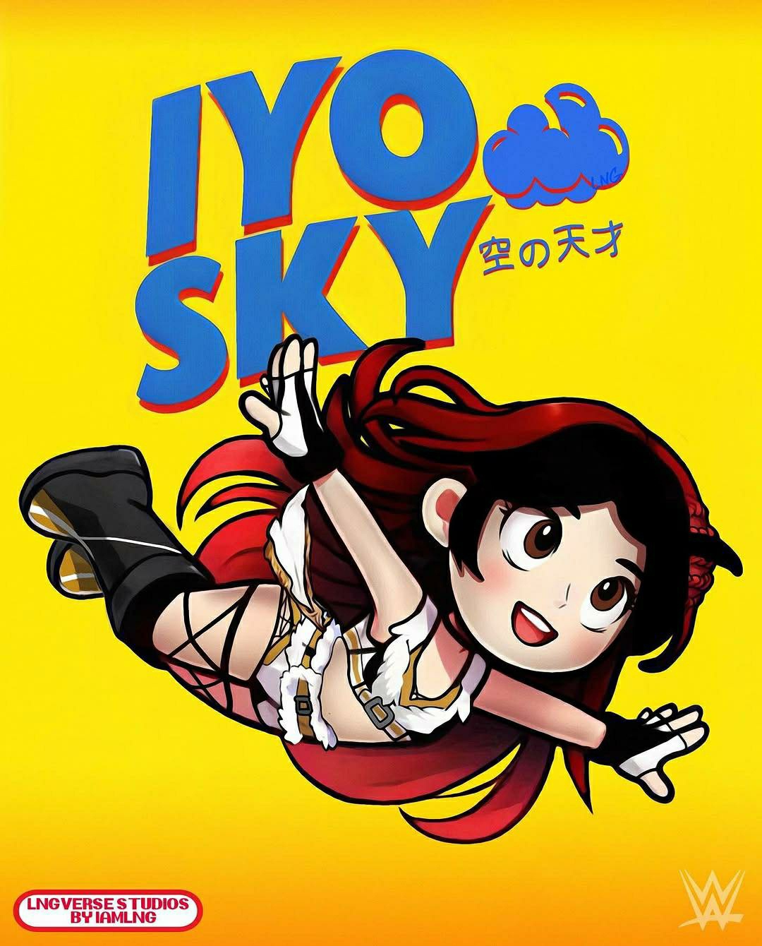1girl, iyo_sky, long_hair, open_mouth, parody, wwe, yellow_background
