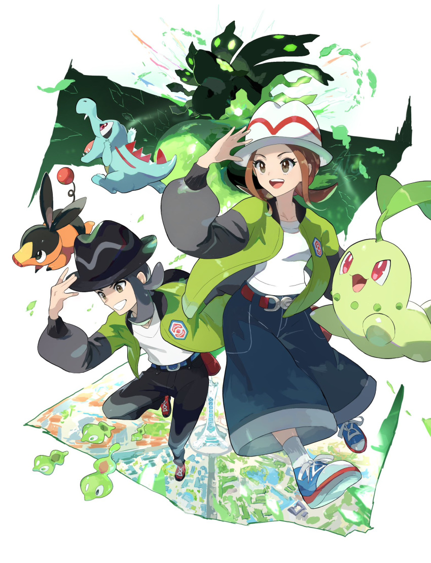 1boy, 1girl, black_eyes, black_hair, black_hat, black_pants, blue_pants, brown_eyes
