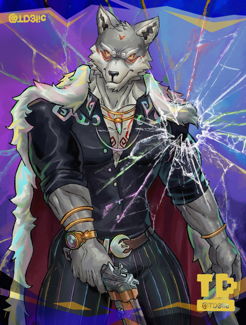 1boy, animal_ears, artist_logo, black_pants, black_shirt, bracelet, broken_glass, cape