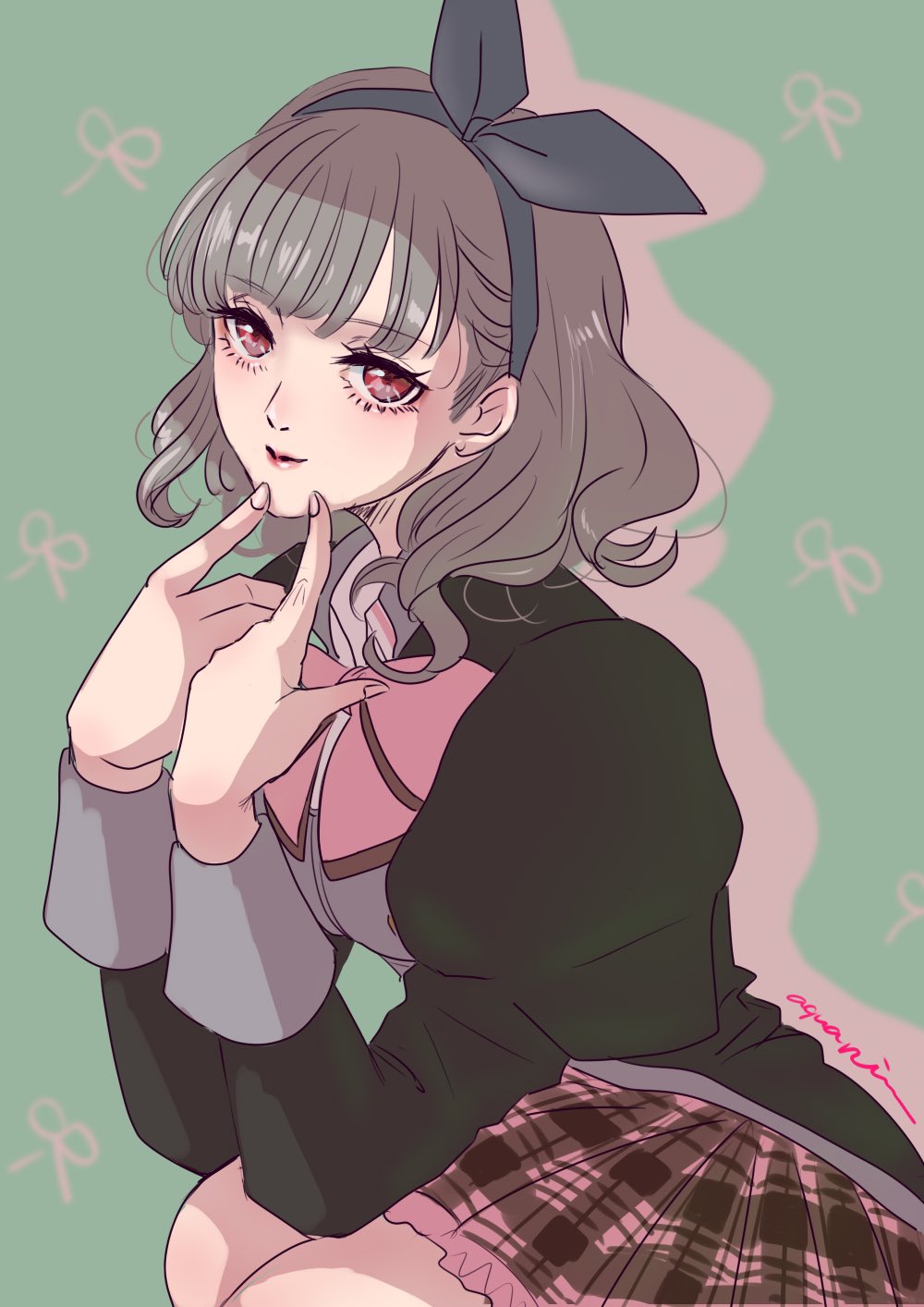 1girl, aquarim_(aquarim000), artist_name, assault_lily, black_bow, black_hair, black_hairband, black_jacket, bow, bow_hairband, bowtie, breasts, brown_skirt, closed_mouth, commentary_request, cowboy_shot, drop_shadow, fingernails, from_side, green_background, hair_bow, hairband, hands_up, highres, jacket, juliet_sleeves, kuroki_francisca_yuria, light_smile, long_sleeves, looking_at_viewer, looking_to_the_side, ludvico_private_girls'_academy_school_uniform, medium_breasts, medium_hair, miniskirt, pink_bow, pink_bowtie, plaid_clothes, plaid_skirt, puffy_sleeves, red_eyes, school_uniform, skirt, solo, squatting, wavy_hair