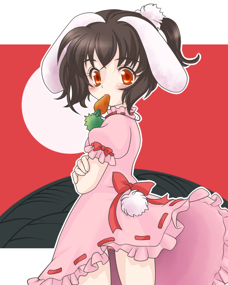 alternate_hairstyle, animal_ears, black_hair, brown_hair, bunny_ears, bunny_tail, carrot, crossed_arms