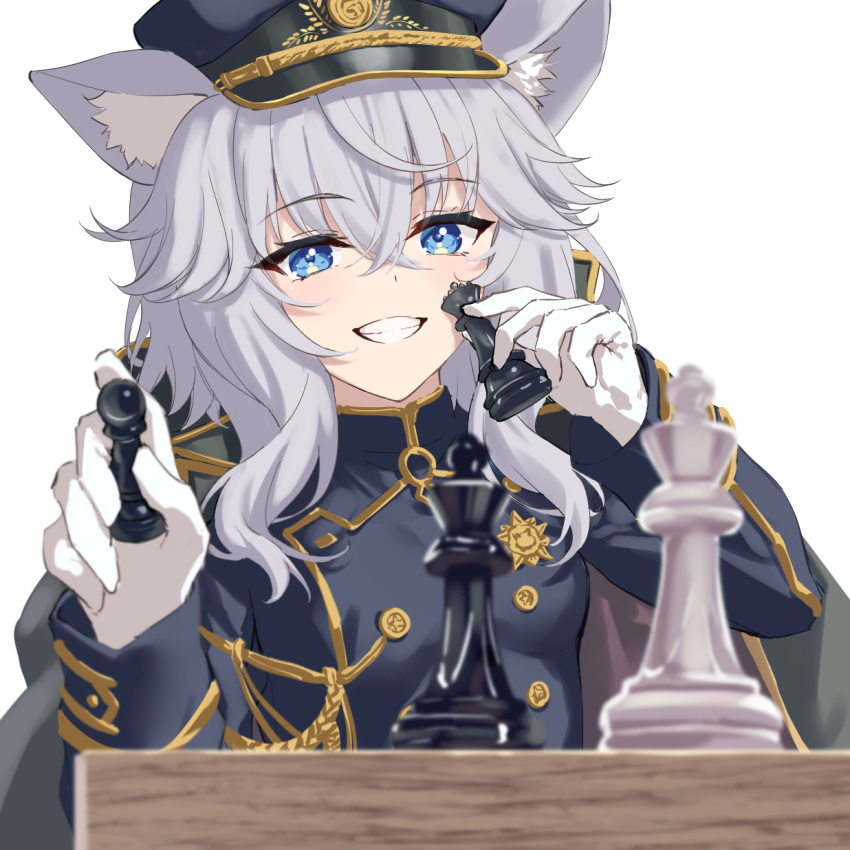 1girl, animal_ear_fluff, animal_ears, bishop_(chess), blue_eyes, blue_jacket, board_game, cat_ears