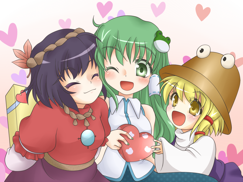 blonde_hair, bust, gift, green_eyes, green_hair, heart, holding, holding_gift