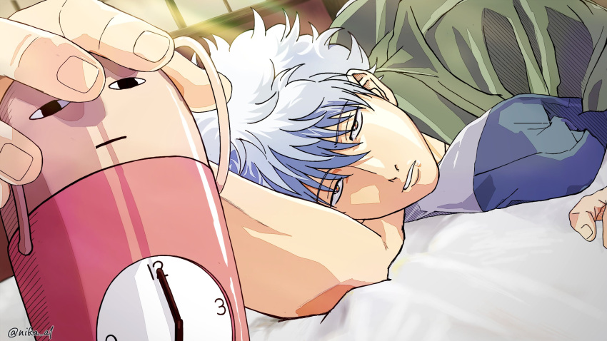 1boy, alarm_clock, alternate_costume, clock, gintama, green_shirt, highres, lying, messy_hair, nika_a1, on_bed, on_side, sakata_gintoki, shirt, short_hair, white_hair, yellow_eyes