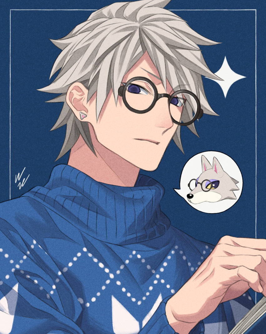 1boy, animal_crossing, arm_up, black-framed_eyewear, blue_background, blue_eyes, blue_sweater, book