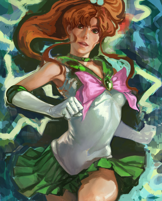 bishoujo_senshi_sailor_moon, brown_hair, choker, elbow_gloves, gloves, green, green_eyes, hair_bobbles
