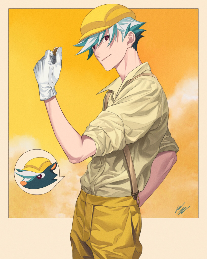 1boy, adam's_apple, animal_crossing, arm_up, black_hair, border, cabbie_hat, coin