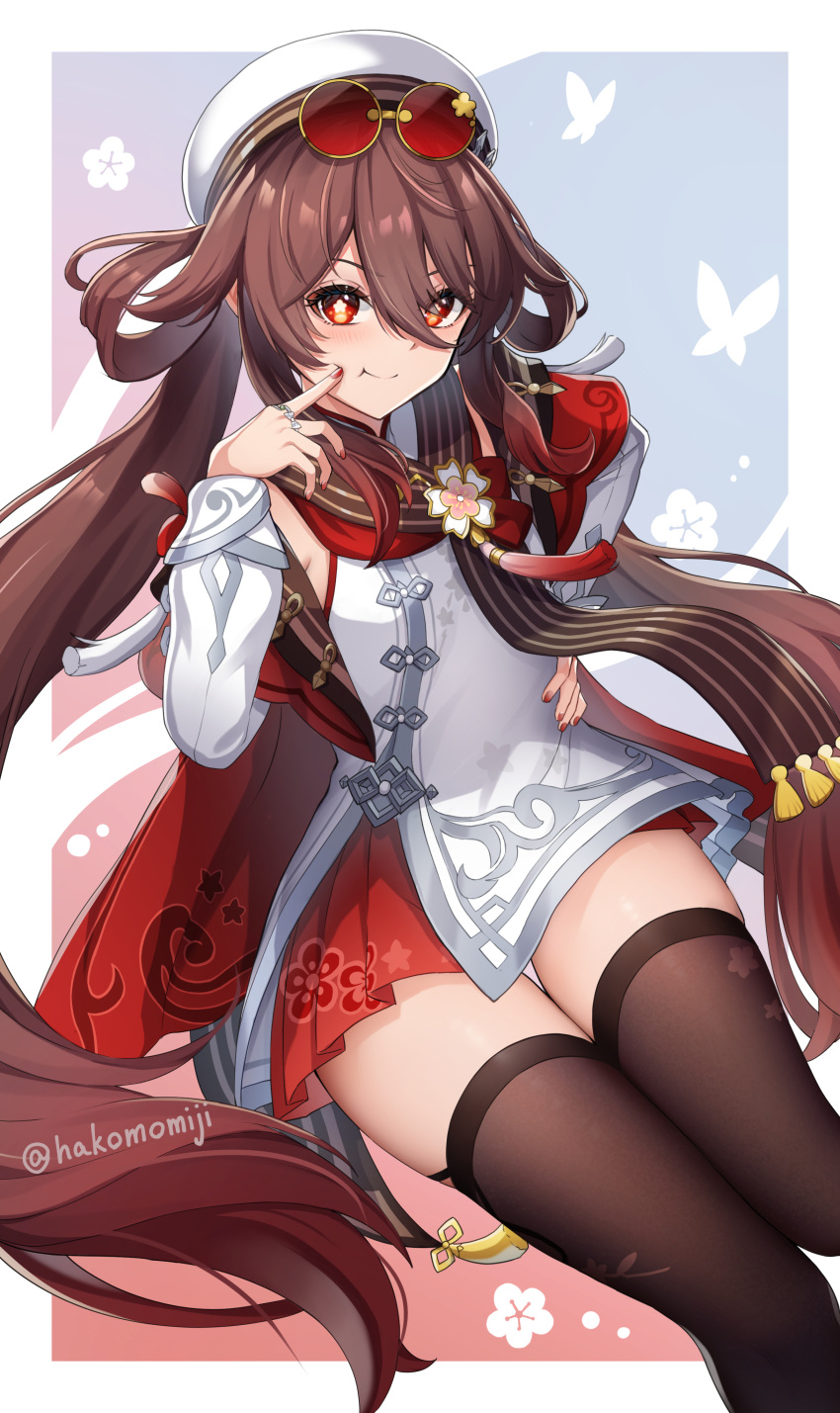 1girl, absurdres, beret, border, bright_pupils, brown_hair, brown_thighhighs, butterfly_hair_ornament, closed_mouth, commentary, eyewear_on_head, flower-shaped_pupils, genshin_impact, hair_ornament, hako_momiji, hand_on_own_hip, hat, highres, hu_tao_(cherries_snow-laden)_(genshin_impact), hu_tao_(genshin_impact), long_hair, long_sleeves, looking_at_viewer, official_alternate_costume, official_alternate_hairstyle, pout, red_eyes, red_skirt, round_eyewear, skirt, solo, sunglasses, symbol-shaped_pupils, thigh-highs, thighs, twitter_username, very_long_hair, white_border, white_hat, white_pupils, zettai_ryouiki