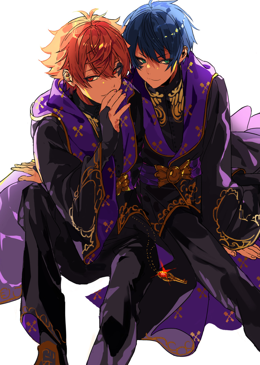 2boys, absurdres, ace_trappola, ahoge, black_eyeshadow, black_pants, black_robe, blue_hair