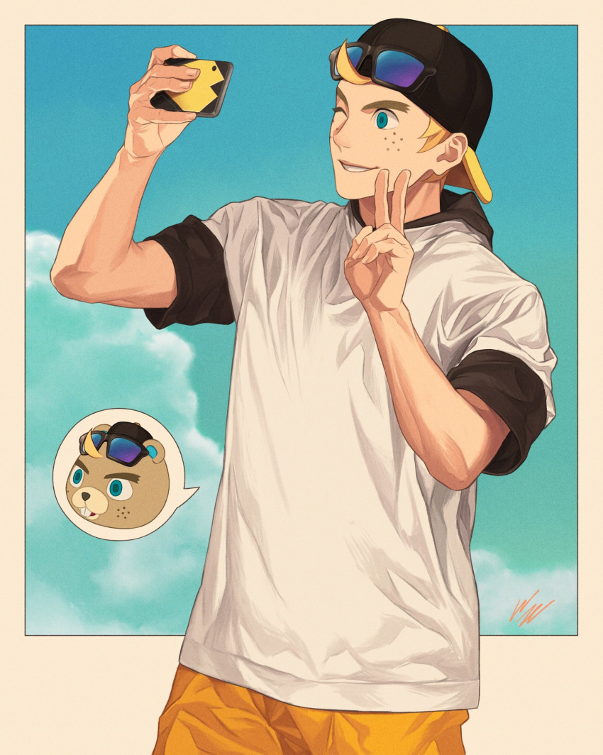 1boy, animal_crossing, aqua_eyes, arm_up, backwards_hat, baseball_cap, beaver_boy, black_hoodie