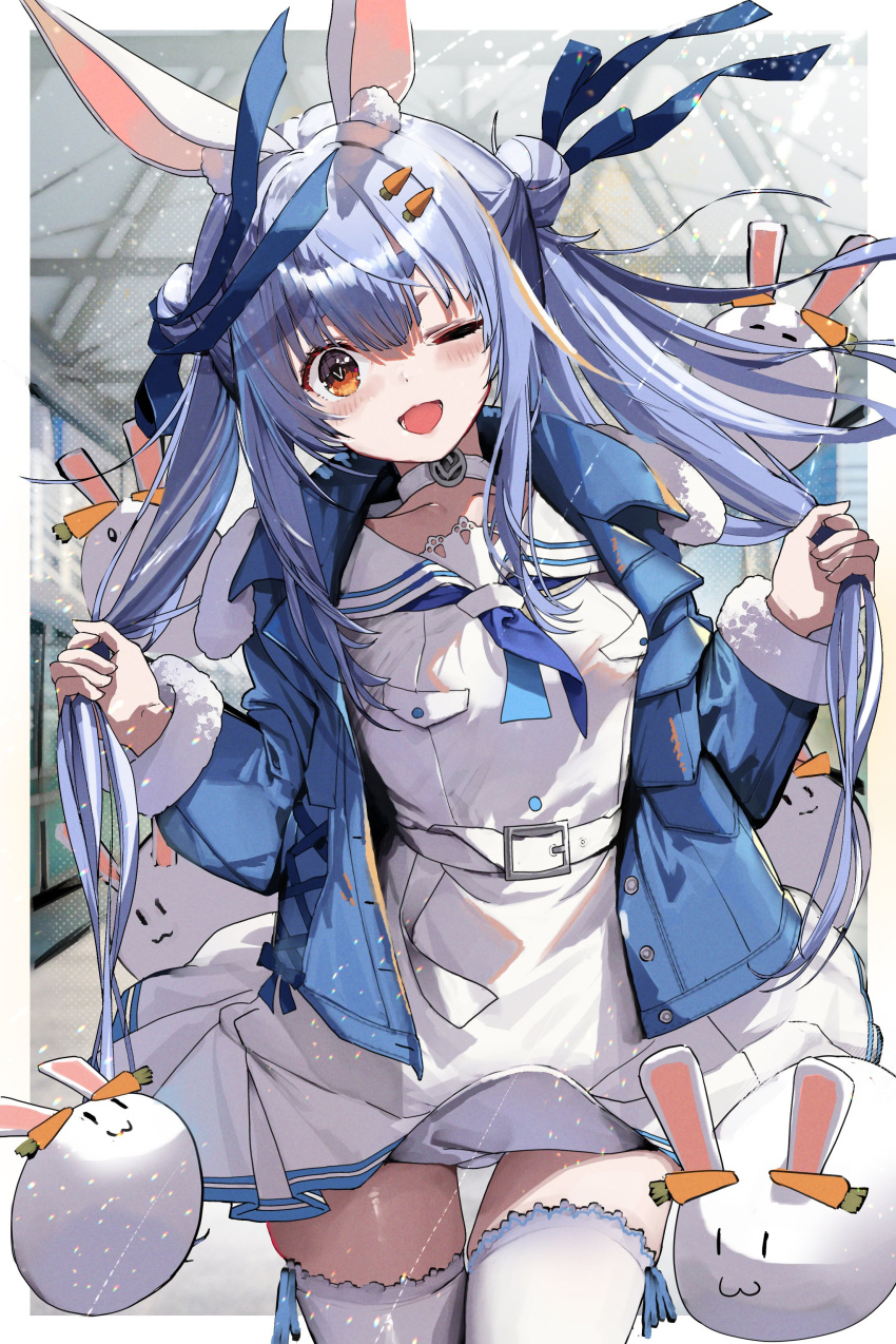 1girl, absurdres, animal_ear_fluff, animal_ears, ben-day_dots, bloom, blue_hair, blue_jacket