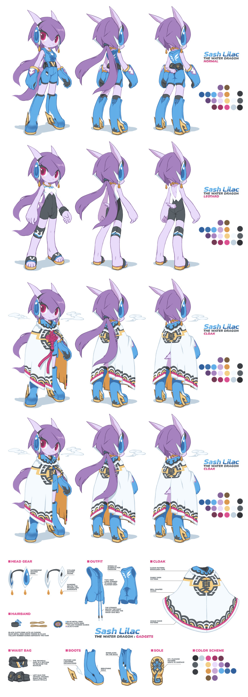 absurdres, arm_guards, blue_boots, blue_shirt, blue_shorts, boots, breasts, chinese_clothes, chinese_knot, chinese_text, cloak, dragon, dragon_girl, dragon_horns, dragon_tail, eastern_dragon, flip-flops, floating_hair, freedom_planet, freedom_planet_1, from_behind, furry, furry_female, headgear, highres, horns, incredibly_absurdres, krita_(medium), leotard, looking_at_viewer, low_twintails, medium_breasts, multiple_views, pink_eyes, purple_hair, reference_sheet, sandals, sash_lilac, shirt, shorts, signature, tail, transparent_background, tsurime, twintails, tyson_tan, water_dragon