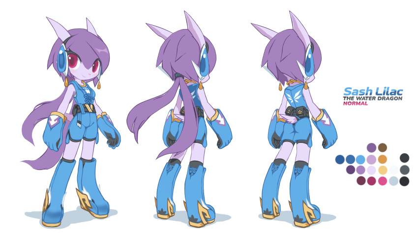absurdres, arm_guards, blue_boots, blue_shirt, blue_shorts, boots, breasts, chinese_clothes, chinese_knot, chinese_text, dragon, dragon_girl, dragon_horns, dragon_tail, eastern_dragon, floating_hair, freedom_planet, freedom_planet_1, from_behind, furry, furry_female, headgear, highres, horns, krita_(medium), looking_at_viewer, low_twintails, medium_breasts, multiple_views, pink_eyes, purple_hair, reference_sheet, sash_lilac, shirt, shorts, signature, tail, tsurime, twintails, tyson_tan, water_dragon