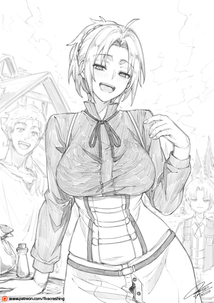 1girl, 2boys, absurdres, ahoge, arm_support, breasts, closed_mouth, commentary