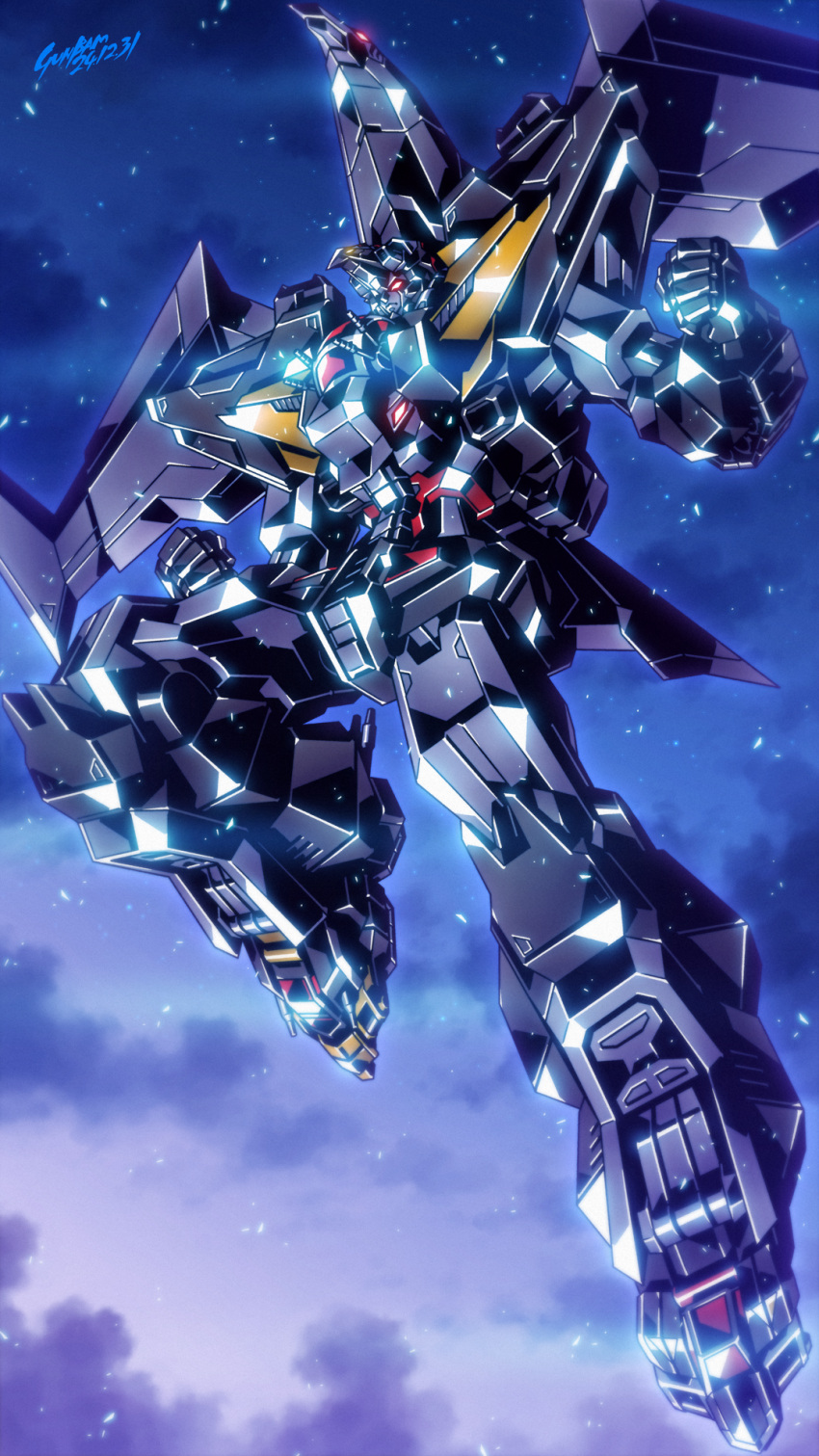 babamba, choujuu_kishin_dancouga, clenched_hands, dancouga_(series), dated, final_dancouga, flying, glowing