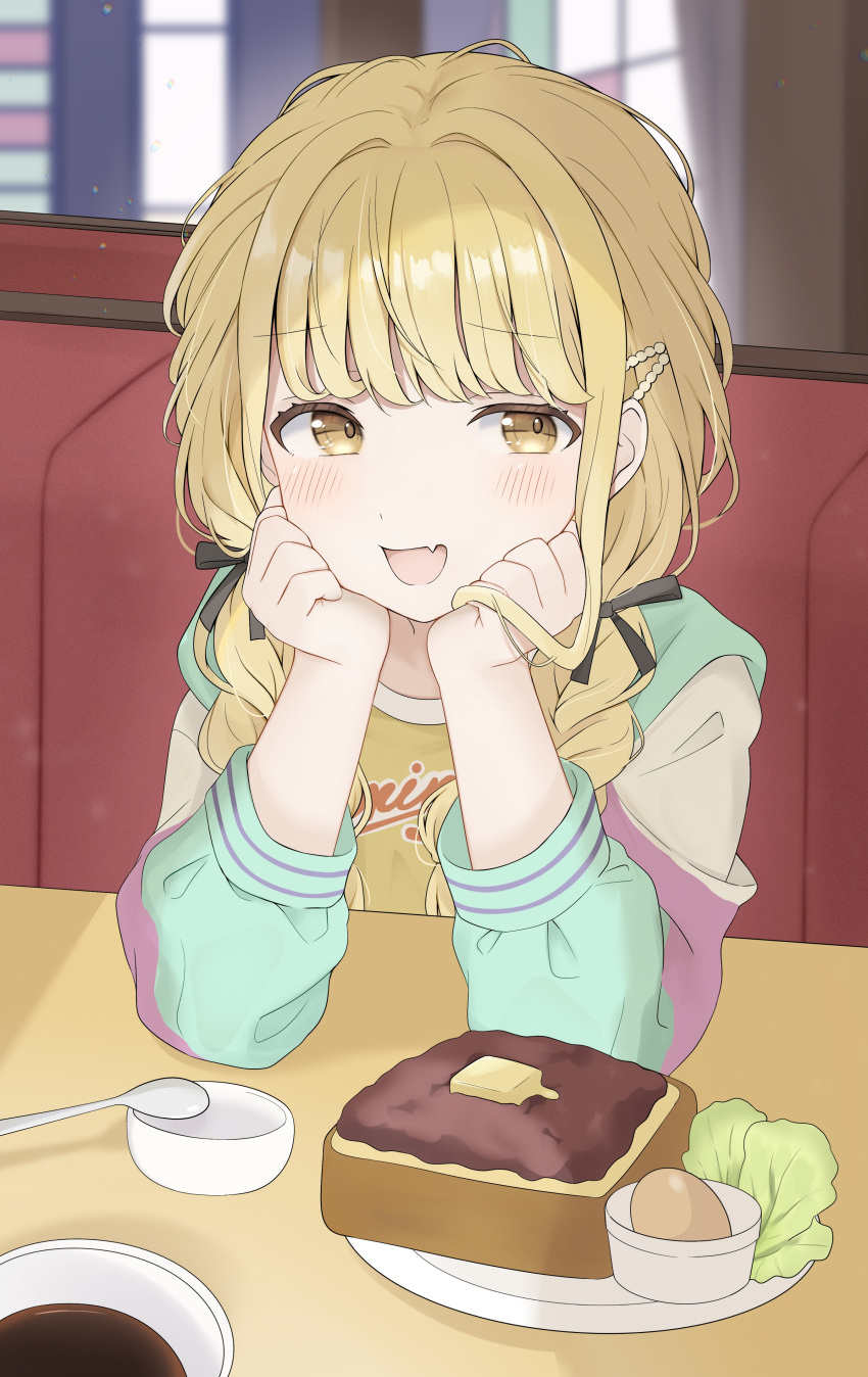 1girl, absurdres, blonde_hair, braid, fang, food, french_braided_twintails, fujita_kotone