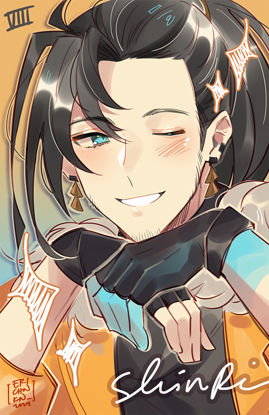 1boy, beard_stubble, black_gloves, black_hair, blue_eyes, blue_skin, character_name, coll_(erichankun)