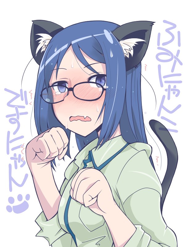1girl, alice_gear_aegis, animal_ears, black-framed_eyewear, blue_hair, brown_shirt, cat_ears, cat_tail, glasses, ichiya_uni, long_hair, momoshina_fumika, shirt, tail