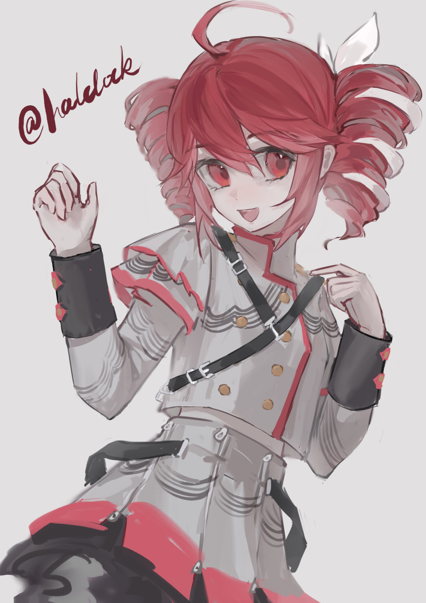 1girl, absurdres, ahoge, belt, black_belt, black_sleeve_cuffs, bow, buttons, double-breasted, grey_background, grey_jacket, grey_skirt, hair_between_eyes, hair_bow, hair_ribbon, halclock, hands_up, highres, jacket, kasane_teto, kasane_teto_(sv), layered_sleeves, long_sleeves, looking_at_viewer, midriff_peek, open_mouth, red_eyes, red_skirt, red_trim, ribbon, shirt, shoulder_belt, shoulder_boards, simple_background, skirt, skirt_set, solo, striped_clothes, striped_shirt, synthesizer_v, twin_drills, twintails, utau, white_bow, white_ribbon