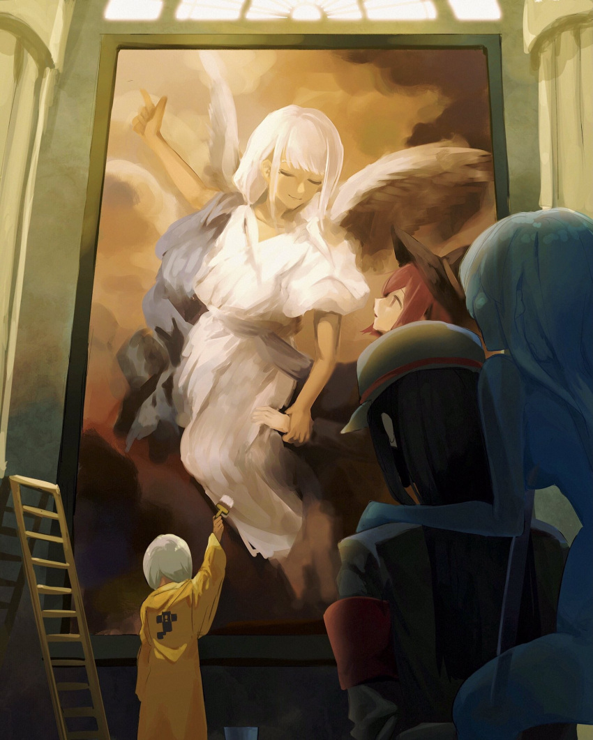 1boy, 3girls, angel, angel_wings, art_gallery, black_hair, closed_eyes, danganronpa_(series)