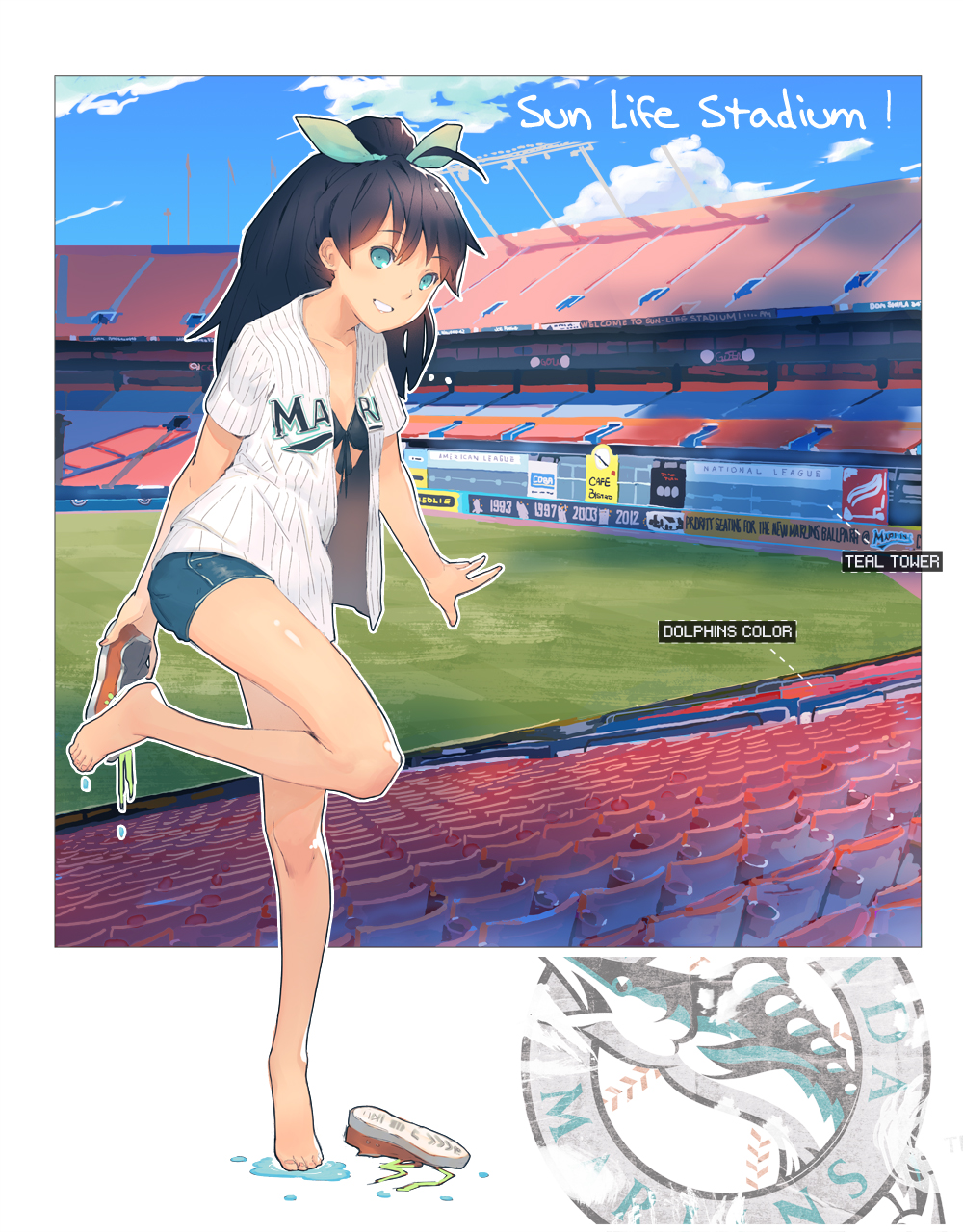 america, bare_legs, barefoot, baseball, baseball_stadium, bikini_top, black_hair, blue_eyes
