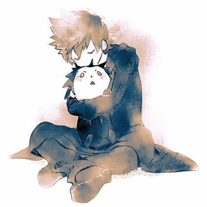 2boys, axel_(kingdom_hearts), bad_id, bad_pixiv_id, black_boots, black_coat, black_coat_(kingdom_hearts), black_pants, boots, brown_theme, character_doll, closed_eyes, coat, crossed_legs, full_body, hood, hood_down, hug, hugging_doll, hugging_object, kingdom_hearts, kingdom_hearts_358/2_days, limited_palette, long_coat, lowres, male_focus, multiple_boys, no_mouth, open_mouth, pants, roxas, short_hair, sitting, spiky_hair, teardrop_facial_mark, vocon