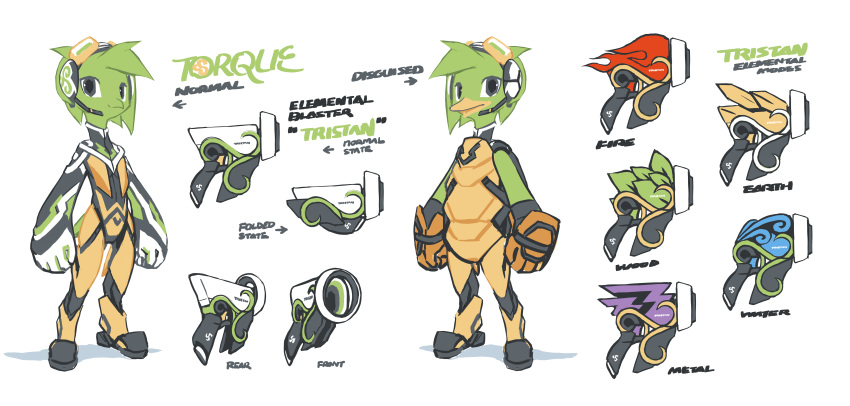 1boy, 2015, absurdres, bird, bird_boy, bodysuit, boots, commander_torque, duck, duck_boy, freedom_planet, freedom_planet_1, furry, furry_male, goggles, goggles_on_head, green_fur, gun, hair_tuft, headset, highres, krita_(medium), original, signature, smile, standing, tyson_tan, weapon