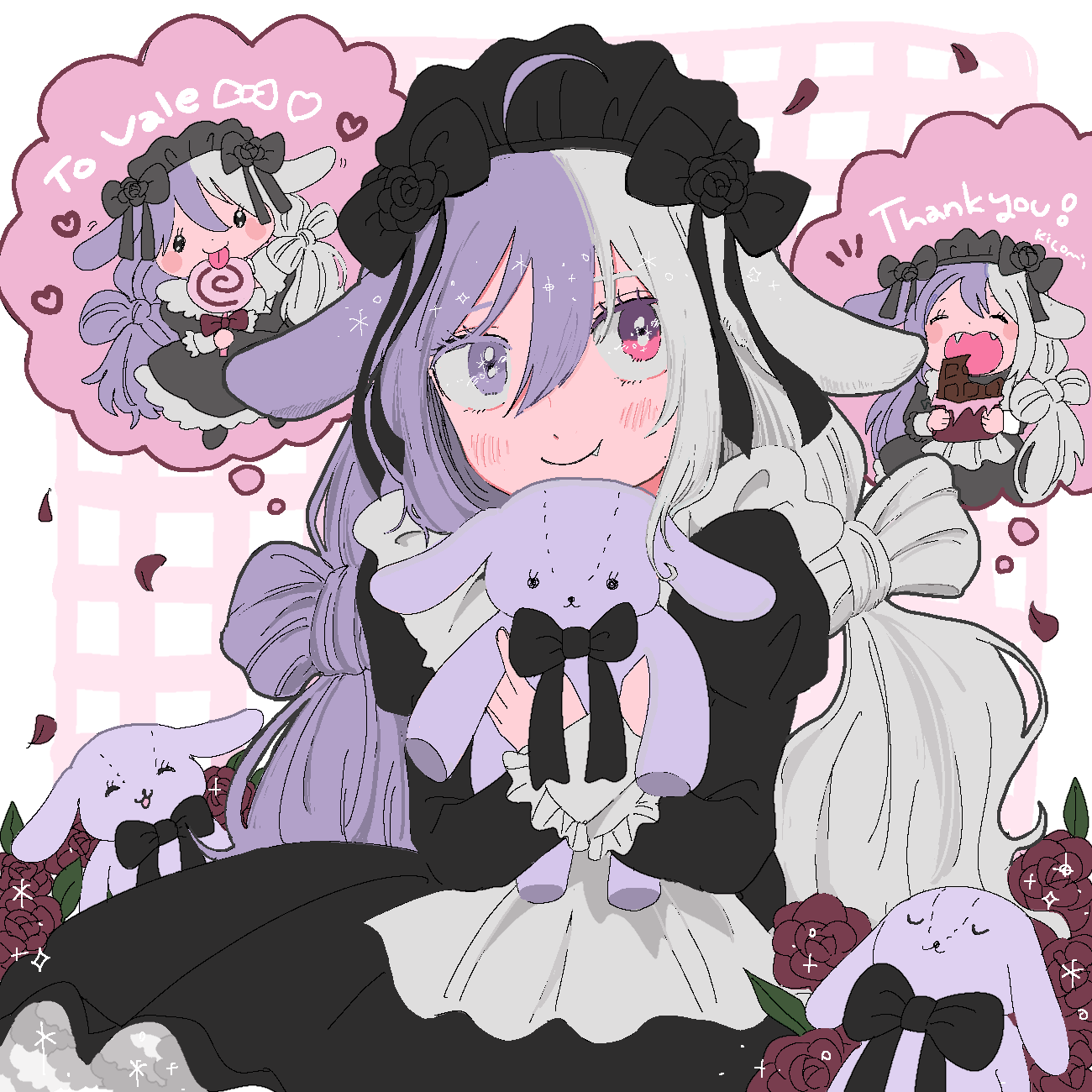 1girl, animal_ears, apron, black_dress, black_headdress, border, borrowed_character, bow-shaped_hair