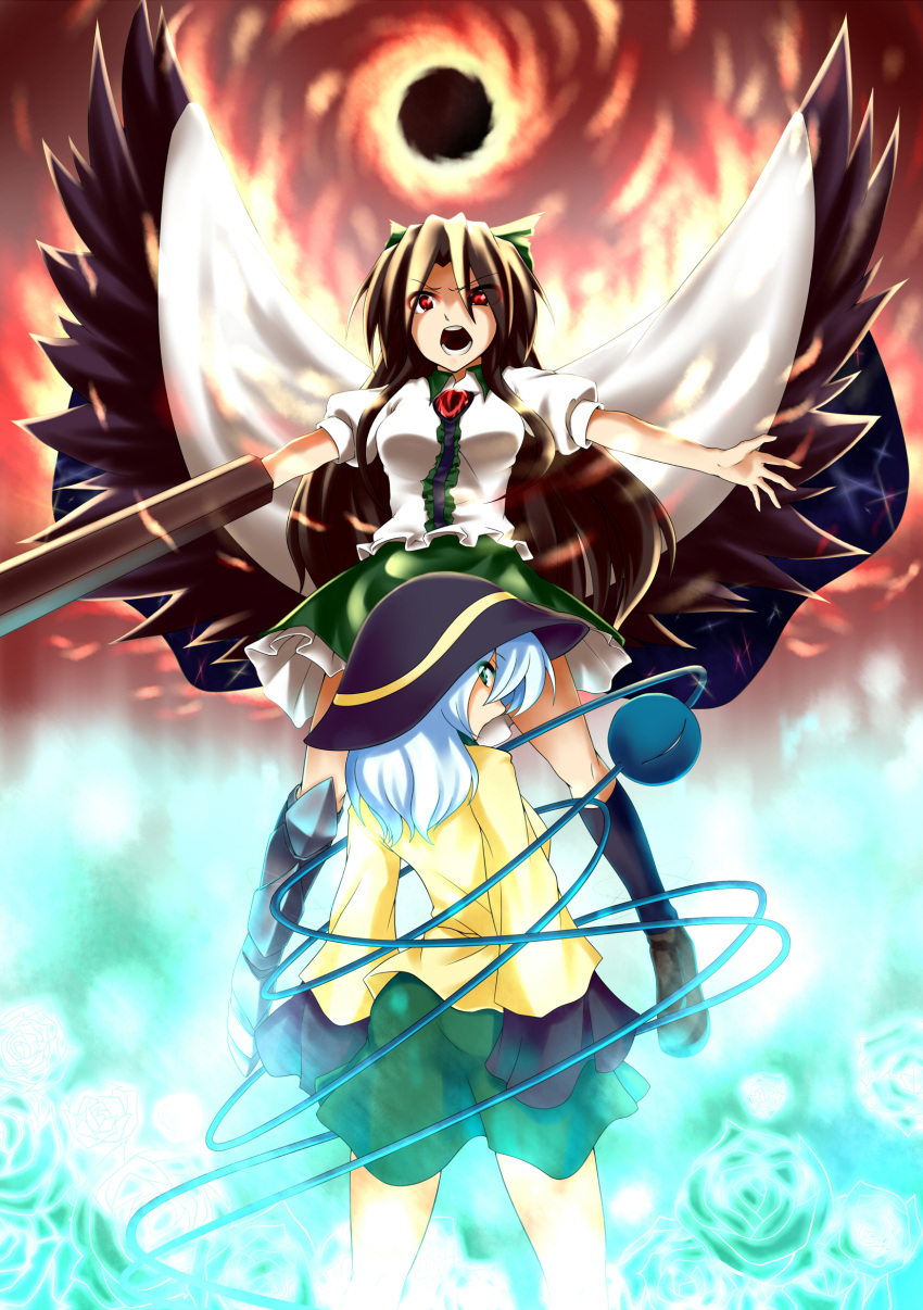 absurdres, akudato, arm_cannon, asymmetrical_clothes, asymmetrical_clothing, black_hair, blue_rose, bow
