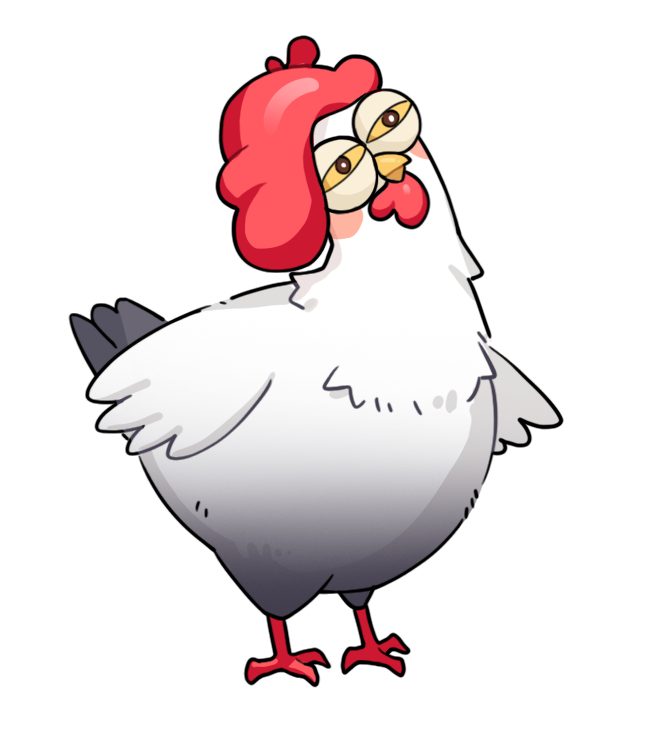 animal_focus, artist_request, beak, beret, beretsant, bird, blush_stickers, bright_pupils, brown_eyes, chicken, colored_sclera, half-closed_eyes, hat, head_tilt, infinity_nikki, nikki_(series), no_humans, official_art, red_hat, solo, standing, thinking, transparent_background, white_pupils, yellow_sclera