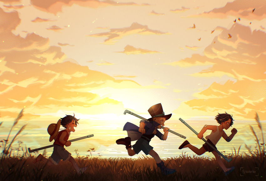 3boys, ^_^, absurdres, aged_down, black_hair, blonde_hair, boots, brothers