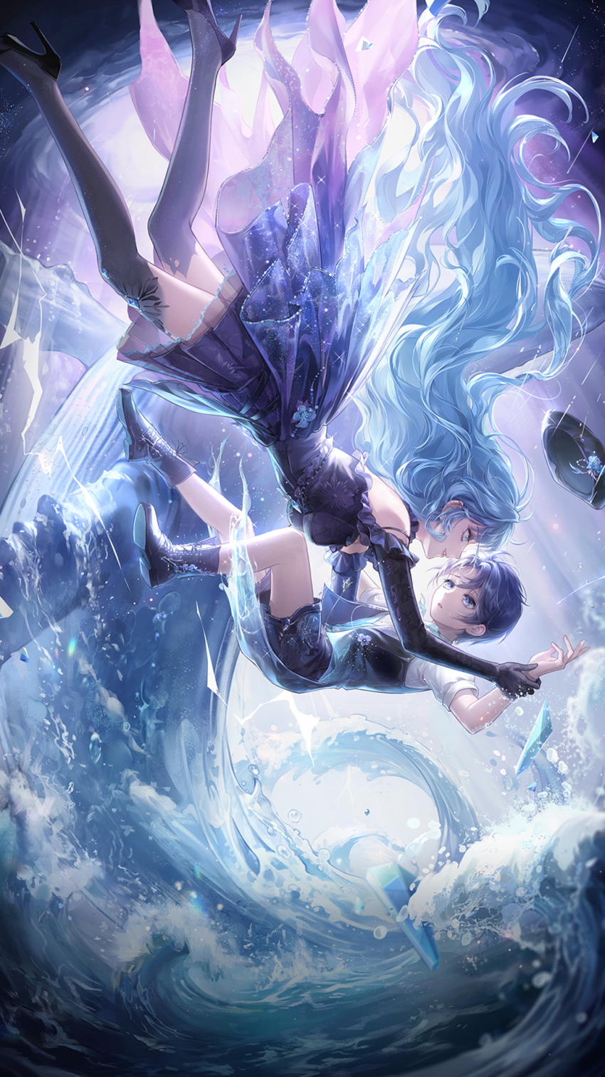 1boy, 1girl, aeon_(shining_nikki), aged_down, aged_up, artist_request, bare_arms, beret, black_boots, black_dress, black_gloves, black_hat, black_shoes, black_thighhighs, black_vest, blue_eyes, blue_hair, boots, brother_and_sister, chinese_commentary, commentary_request, dress, elbow_gloves, falling, floating_clothes, floating_hair, frilled_dress, frilled_gloves, frills, full_body, gloves, hat, hat_loss, high_heels, highres, holding_another's_wrist, light_particles, lightning, long_dress, long_hair, marina_(shining_nikki), nikki_(series), official_art, open_mouth, parted_lips, rain, second-party_source, shining_nikki, shirt, shoes, short_hair, short_sleeves, siblings, smile, stiletto_heels, storm, strapless, strapless_dress, teeth, thigh-highs, very_long_hair, vest, waves, wavy_hair, whales_toward_sea_(shining_nikki), white_shirt