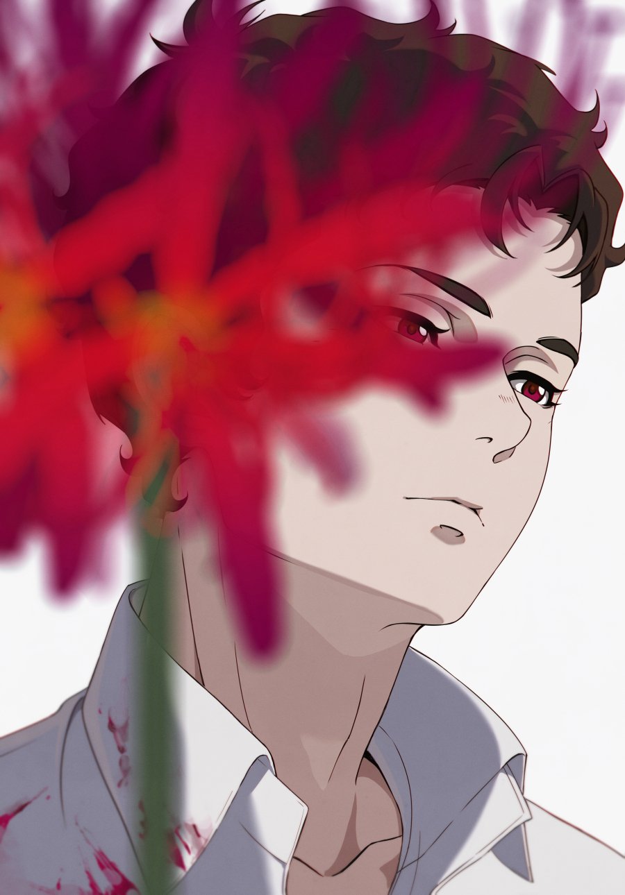 1boy, blood, blood_on_clothes, blurry, blurry_foreground, brown_hair, closed_mouth, collarbone