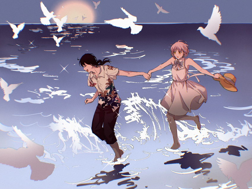 1boy, 1girl, ^_^, bird, black_hair, black_pants, closed_eyes, commentary_request