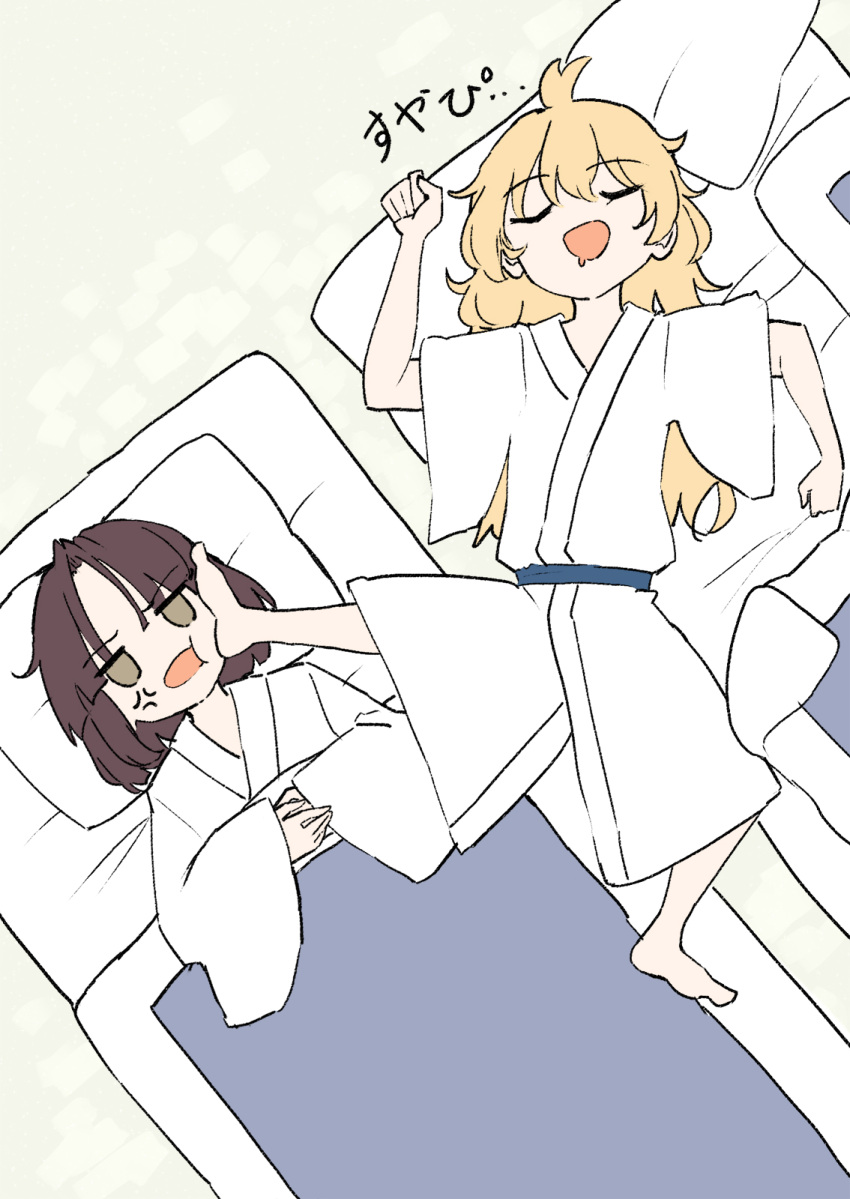 2girls, alternate_costume, anger_vein, angry, blonde_hair, brown_eyes, brown_hair, closed_eyes