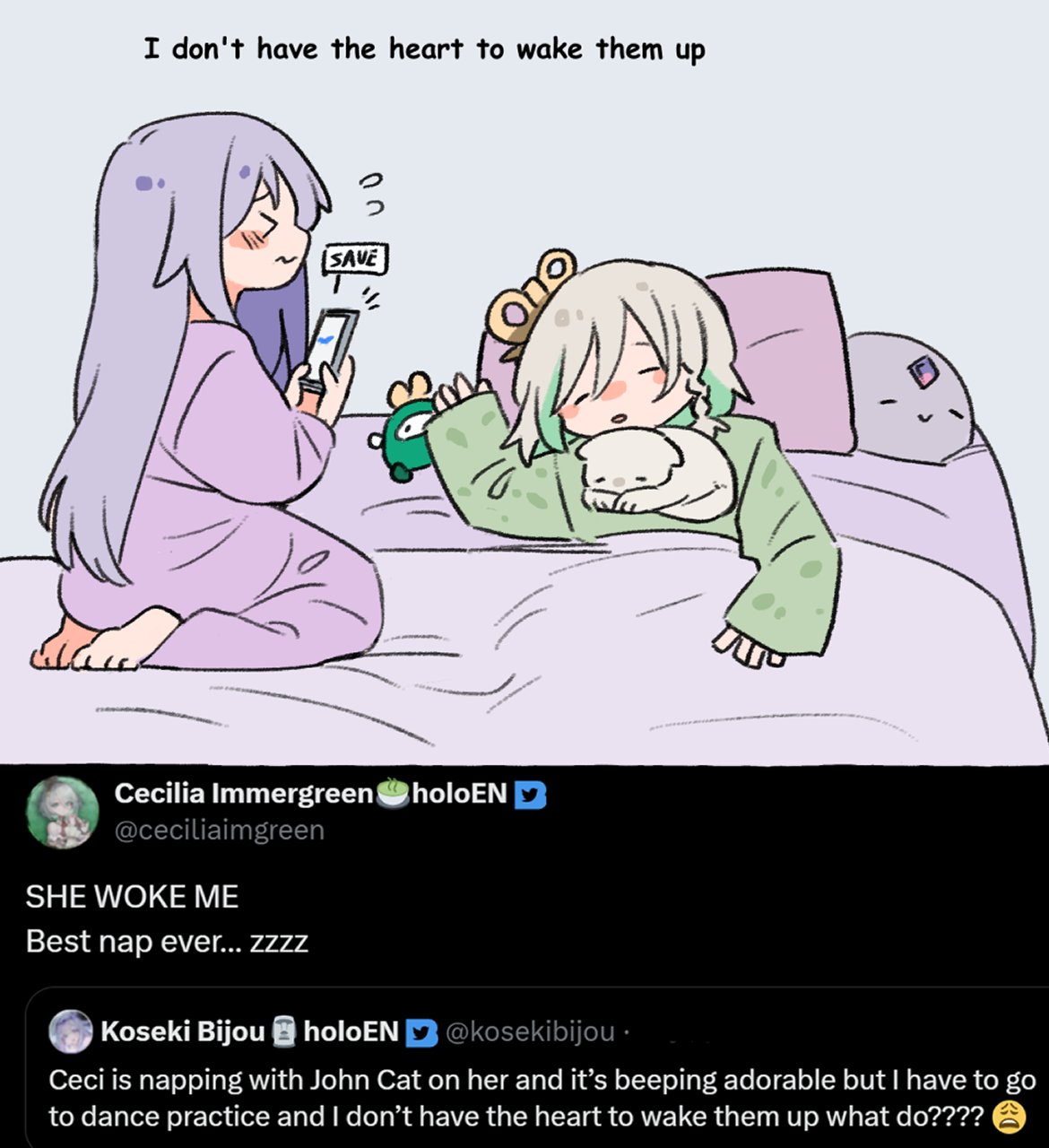 2girls, barefoot, bed, blush, braid, cat_on_person, cecilia_immergreen, cellphone, fongban_illust, green_pajamas, grey_hair, highres, hololive, hololive_english, john_cat_(koseki_bijou), koseki_bijou, long_hair, multiple_girls, otomo_(cecilia_immergreen), pajamas, pebble_(koseki_bijou), phone, pillow, purple_pajamas, recording, sleeping, smartphone, tweet, winding_key