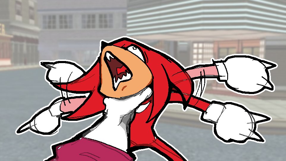 1boy, 1girl, afterimage, animal_nose, arms_up, body_fur, ceddrawsnear, commentary, constricted_pupils, female_pov, game_screenshot_background, gloves, in-universe_location, knuckles_the_echidna, legs_apart, long_hair, looking_up, male_focus, motion_lines, open_mouth, outline, outstretched_arms, pov, red_fur, red_hair, rolling_eyes, rouge_the_bat, screenshot_background, sharp_teeth, sketch, snout, solo_focus, sonic_(series), sonic_adventure, spiked_gloves, standing, strangling, teeth, waving_arms, white_eyes, white_gloves, white_outline, wide-eyed