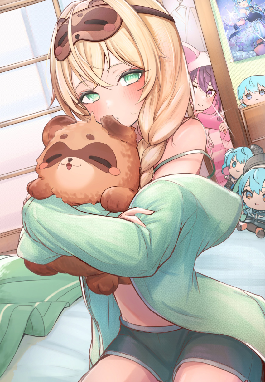 2girls, absurdres, azki_(hololive), blonde_hair, braid, cellphone, character_doll, eye_mask, green_eyes, green_jacket, highres, hololive, hoshimachi_suisei, jacket, jakoten_(pixiv_54744064), kazama_iroha, midriff_peek, multiple_girls, phone, pokobee, poster_(object), shorts, sleepwear, smartphone, strap_slip, taking_picture, violet_eyes, virtual_youtuber
