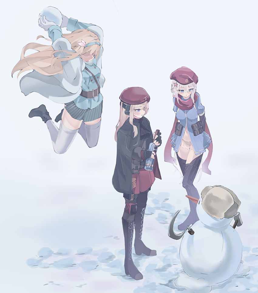 3girls, 9a-91_(girls'_frontline), ak74m_(girls'_frontline), alcohol, beret, black_panties, blue_hairband, blue_jacket